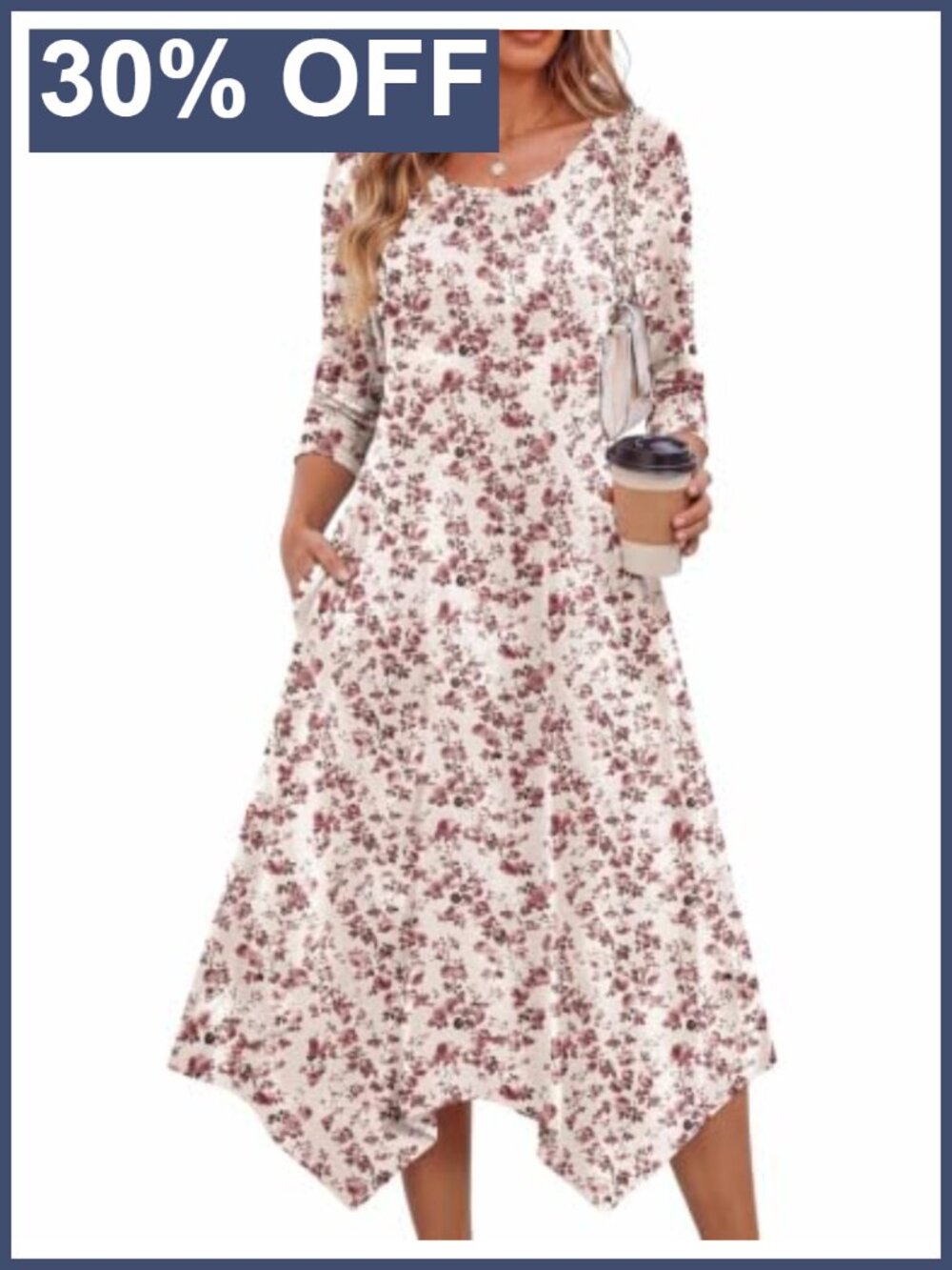 Zeagoo Midi Dress 3/4 Sleeve A-Line Casual Dress with Pockets